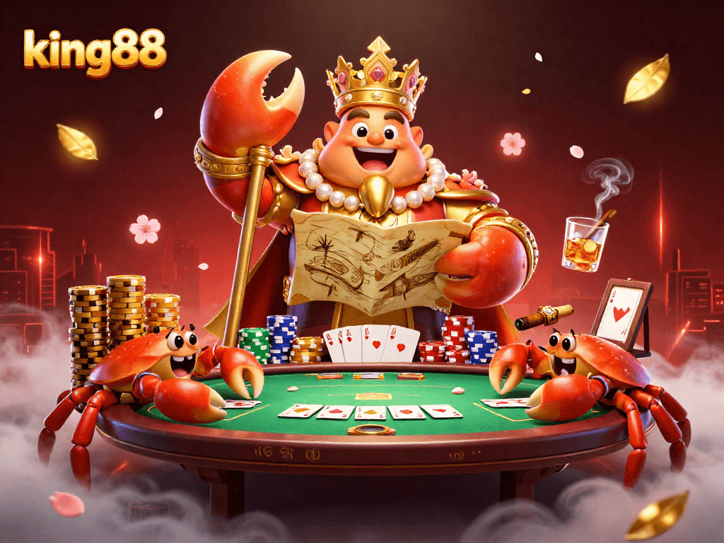 Experience king88's vibrant casino atmosphere with a golden crab emperor amidst poker excitement.