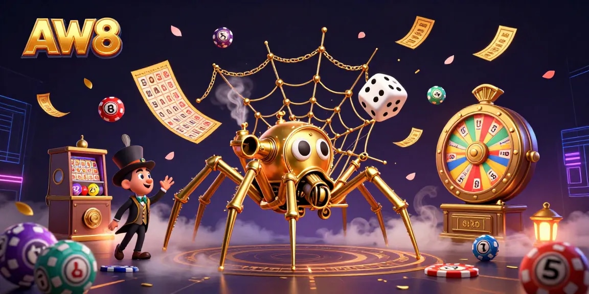 AW8 captivates with steampunk charm in a dynamic 3D casino scene filled with vibrant gambling elements.