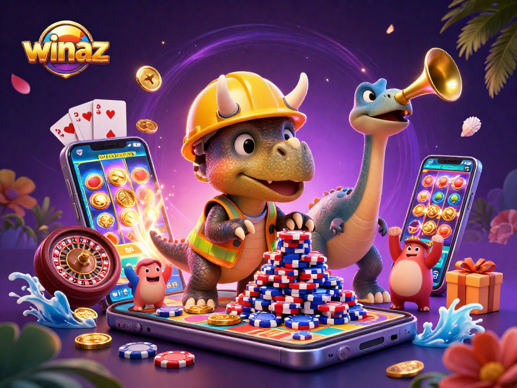 Winaz enhances excitement with a lively scene of a triceratops building poker chip pyramids.
