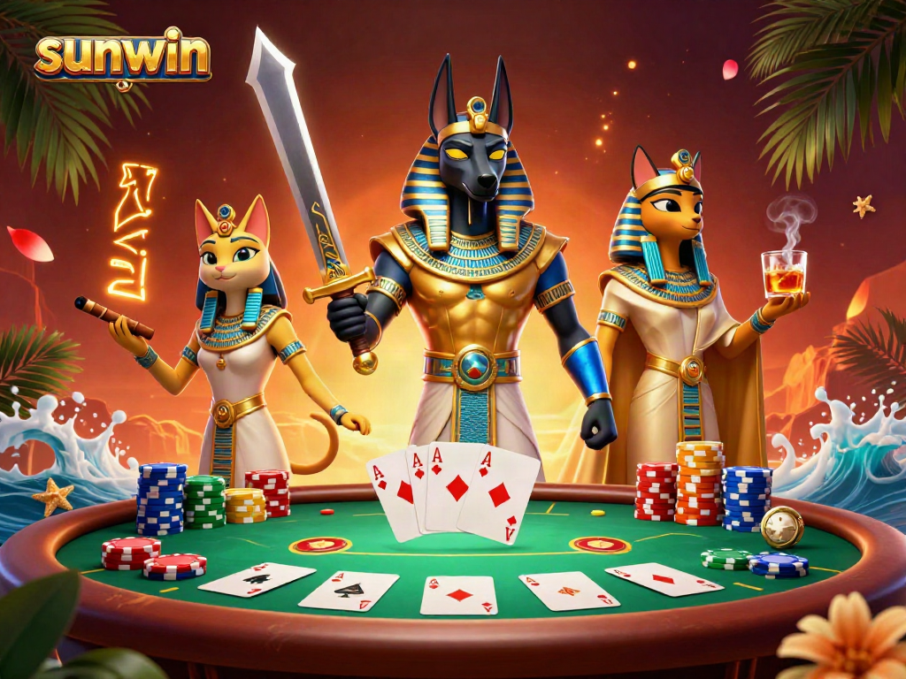 Engage in vibrant gameplay at sunwin, featuring Anubis and Bastet among poker elements in dynamic 3D scene.
