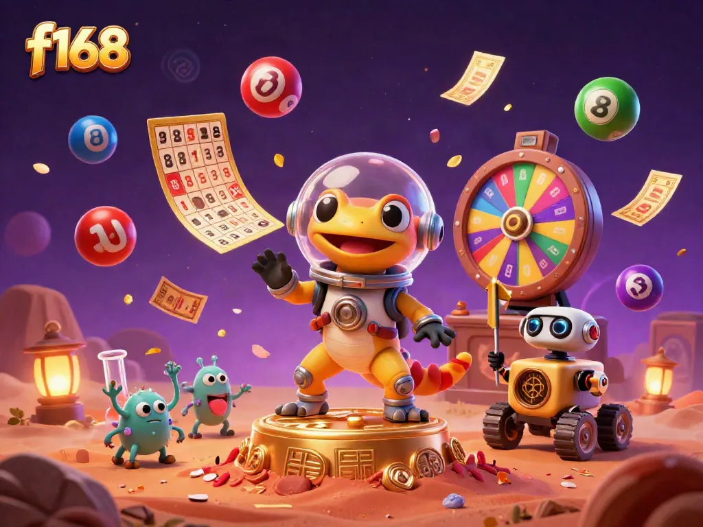 Experience the excitement of f168 with a Martian gecko discovering a golden casino scene.
