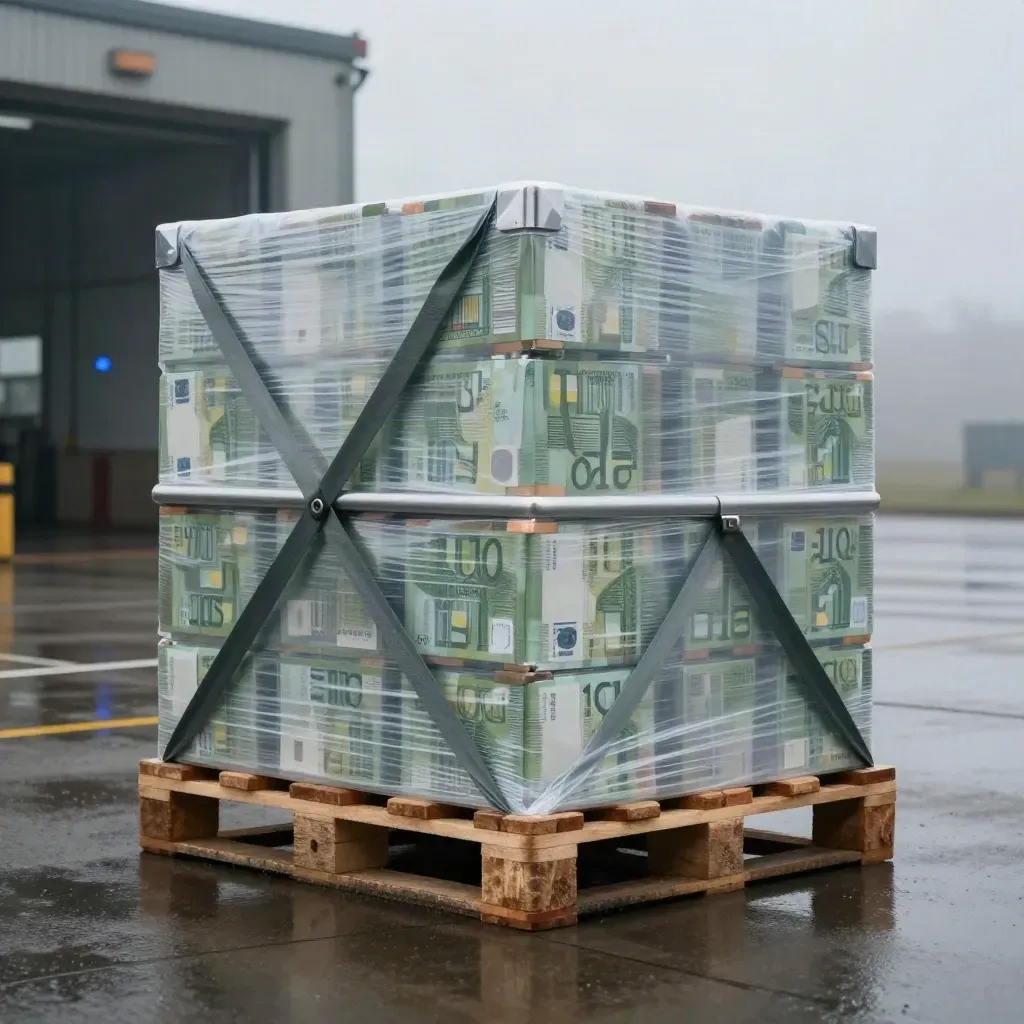 Verzegelde EUR-pallettoren met spanbanden en wikkel op natte laadkade in ochtendschemer.
