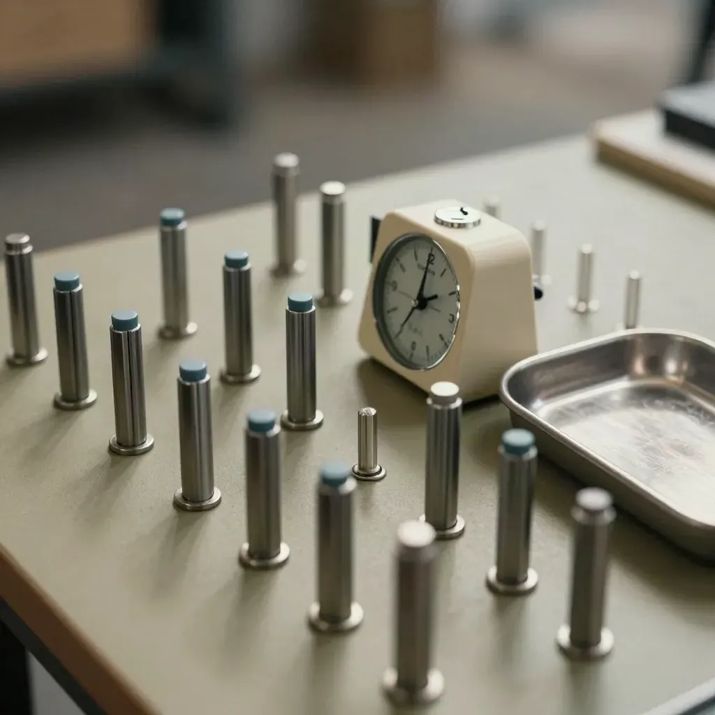 Magnetische routepijlers, timer en metalen tray in macro-opstelling voor vrachtplanning.