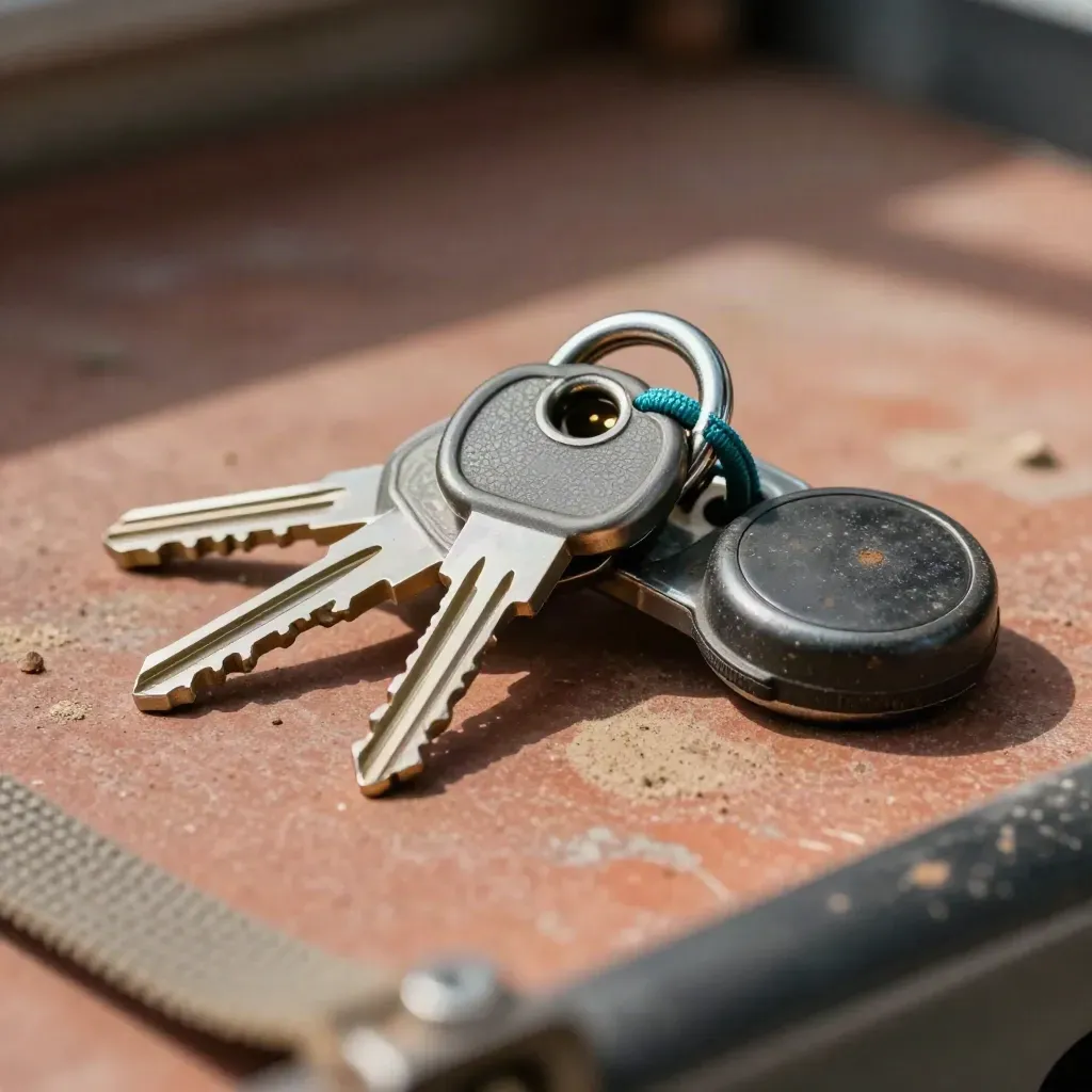 Truckkeys, trailerpin, wielkeg en brandstofdopslot op warme terracotta vloer.