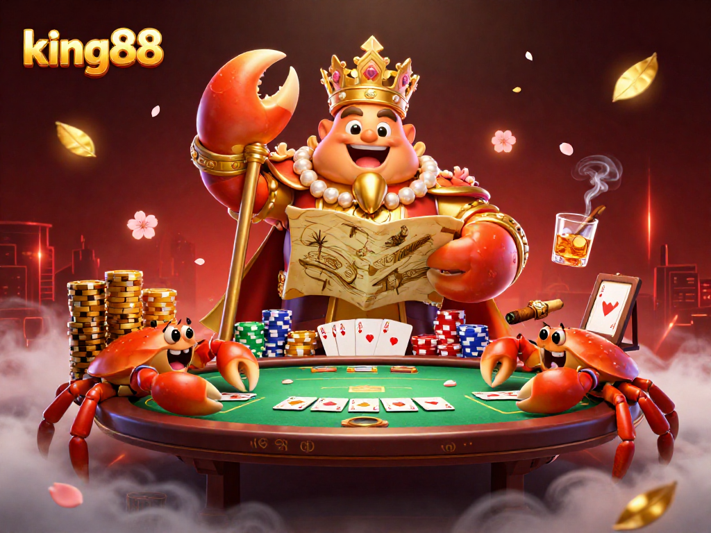 Experience king88's vibrant casino atmosphere with a golden crab emperor amidst poker excitement.