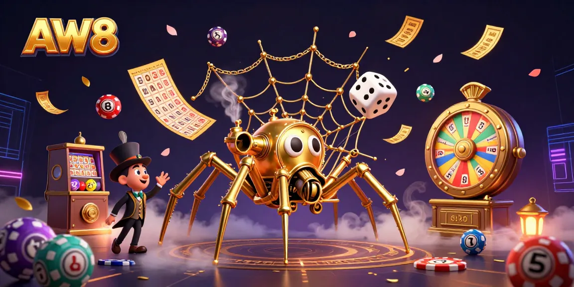 AW8 captivates with steampunk charm in a dynamic 3D casino scene filled with vibrant gambling elements.
