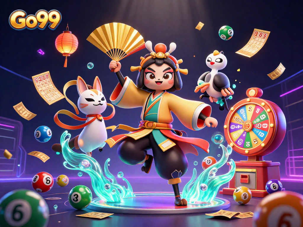 Win big with Go99 in a vibrant 3D casino scene featuring lively lottery elements.