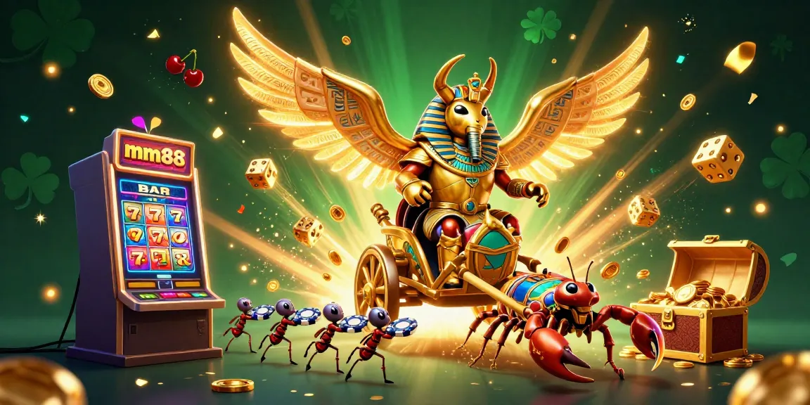Experience mm88 with an exhilarating scene of a golden scarab beetle and casino elements, showcasing vibrant gaming energy.