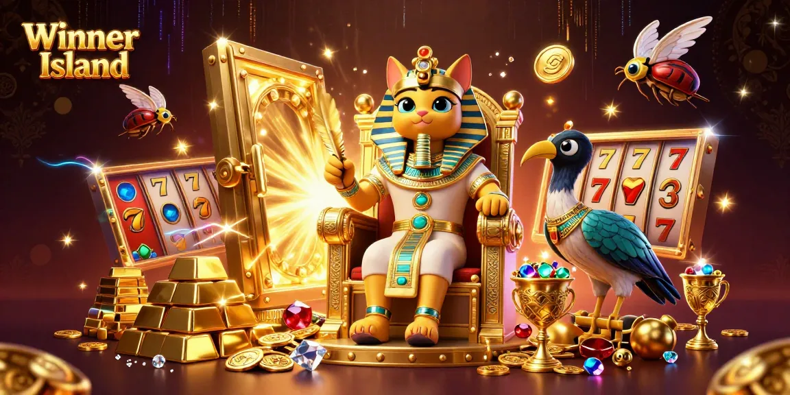 Experience the vibrant allure of Winner Island with a majestic pharaoh cat amidst gold riches and slot machines.