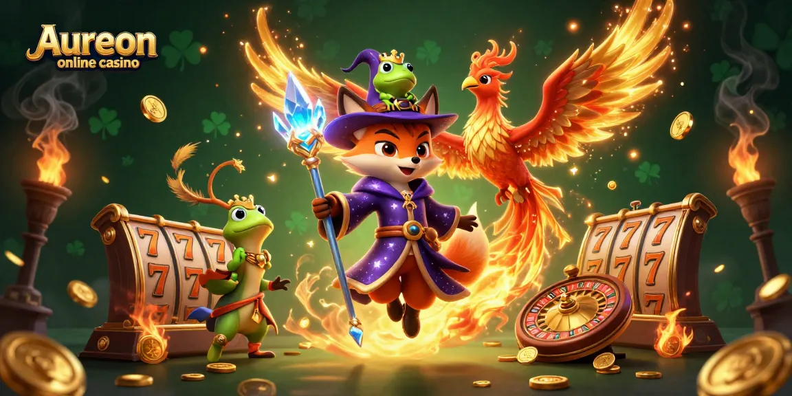 Aureon online casino showcases an enchanting 3D wizard fox and phoenix in a vibrant gambling scene with slots and roulette.